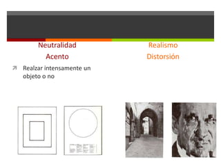 Neutralidad
Acento
 Realzar intensamente un

objeto o no

Realismo
Distorsión

 