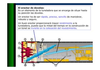 El erector de dovelas:
Es un elemento de la tuneladora que se encarga de situar hasta
su posición las dovelas.
Un erector ha de ser rápido, preciso, sencillo de maniobrar,
robusto y seguro.
Un buen erector proporcionará mayor rendimiento a la
tuneladora, puesto que la mitad del tiempo en la construcción de
un túnel se invierte en la colocación del revestimiento.
 
