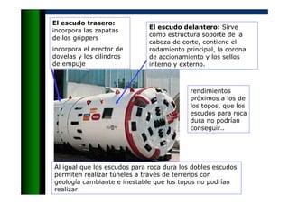 El escudo delantero: Sirve
como estructura soporte de la
cabeza de corte, contiene el
rodamiento principal, la corona
de accionamiento y los sellos
interno y externo.
El escudo trasero:
incorpora las zapatas
de los grippers
incorpora el erector de
dovelas y los cilindros
de empuje
rendimientos
próximos a los de
los topos, que los
escudos para roca
dura no podrían
conseguir..
Al igual que los escudos para roca dura los dobles escudos
permiten realizar túneles a través de terrenos con
geología cambiante e inestable que los topos no podrían
realizar
 