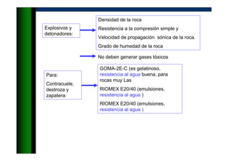 GOMA-2E-C (es gelatinoso,
resistencia al agua buena, para
rocas muy Las
RIOMEX E20/40 (emulsiones,
resistencia al agua )
RIOMEX E20/40 (emulsiones,
resistencia al agua )
Explosivos y
detonadores:
Densidad de la roca
Resistencia a la compresión simple y
Velocidad de propagación sónica de la roca.
Grado de humedad de la roca
No deben generar gases tóxicos
Para:
Contracuele,
destroza y
zapatera:
 