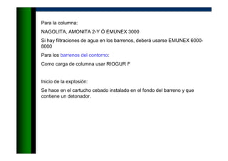 Para la columna:
NAGOLITA, AMONITA 2-Y Ó EMUNEX 3000
Si hay filtraciones de agua en los barrenos, deberá usarse EMUNEX 6000-
8000
Para los barrenos del contorno:
Como carga de columna usar RIOGUR F
Inicio de la explosión:
Se hace en el cartucho cebado instalado en el fondo del barreno y que
contiene un detonador.
 