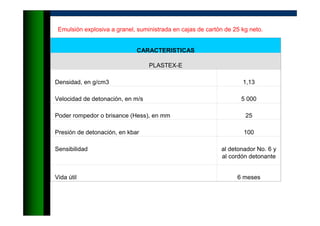 Emulsión explosiva a granel, suministrada en cajas de cartón de 25 kg neto.
CARACTERISTICAS
PLASTEX-E
Densidad, en g/cm3 1,13
Velocidad de detonación, en m/s 5 000
Poder rompedor o brisance (Hess), en mm 25
Presión de detonación, en kbar 100
Sensibilidad al detonador No. 6 y
al cordón detonante
Vida útil 6 meses
 