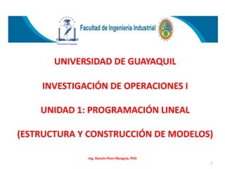 INVESTIGACIÓN DE OPERACIONES I
UNIDAD 1: PROGRAMACIÓN LINEAL
(ESTRUCTURA Y CONSTRUCCIÓN DE MODELOS)
UNIVERSIDAD DE GUAYAQUIL
Ing. Ramón Pons Murguía, PhD
1
 