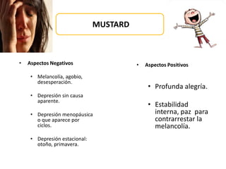 • Aspectos Negativos
• Melancolía, agobio,
desesperación.
• Depresión sin causa
aparente.
• Depresión menopáusica
o que aparece por
ciclos.
• Depresión estacional:
otoño, primavera.
• Aspectos Positivos
• Profunda alegría.
• Estabilidad
interna, paz para
contrarrestar la
melancolía.
MUSTARD
 