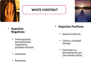 • Aspectos
Negativos
• Preocupación,
pensamientos
repetitivos,
parloteo mental.
• Insomnio.
• Bruxismo.
• Aspectos Positivos
• Quietud interior.
• Calma y claridad
mental.
• Controlan su
pensamiento con
una mente calma.
WHITE CHESTNUT
 