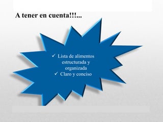 A tener en cuenta!!!...
 Lista de alimentos
estructurada y
organizada
 Claro y conciso
 