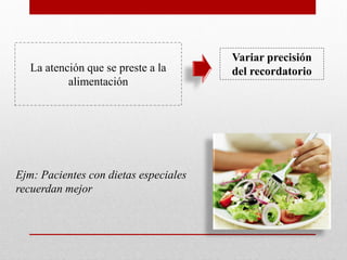 La atención que se preste a la
alimentación
Variar precisión
del recordatorio
Ejm: Pacientes con dietas especiales
recuerdan mejor
 