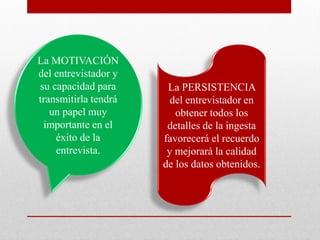 La MOTIVACIÓN
del entrevistador y
su capacidad para
transmitirla tendrá
un papel muy
importante en el
éxito de la
entrevista.
La PERSISTENCIA
del entrevistador en
obtener todos los
detalles de la ingesta
favorecerá el recuerdo
y mejorará la calidad
de los datos obtenidos.
 