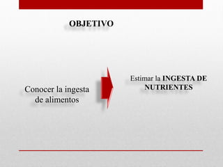 Conocer la ingesta
de alimentos
Estimar la INGESTA DE
NUTRIENTES
OBJETIVO
 
