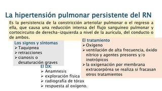 La hipertensión pulmonar persistente del RN
Es la persistencia de la constricción arteriolar pulmonar o el regreso a
ella, que causa una reducción intensa del flujo sanguíneo pulmonar y
cortocircuito de derecha-izquierda a nivel de la aurícula, del conducto o
de ambos.
Los signos y síntomas
Taquipnea
retracciones
cianosis o
desaturación graves
El DX:
 Anamnesis
 exploración física
 radiografía de tórax
 respuesta al oxígeno.
El tratamiento
Oxígeno
ventilación de alta frecuencia, óxido
nítrico y agentes presores y/o
inotrópicos
la oxigenación por membrana
extracorpórea se realiza si fracasan
otros tratamientos
 