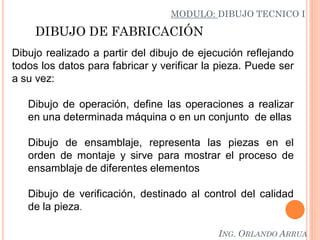 DIBUJO DE FABRICACIÓN
Dibujo realizado a partir del dibujo de ejecución reflejando
todos los datos para fabricar y verificar la pieza. Puede ser
a su vez:
Dibujo de operación, define las operaciones a realizar
en una determinada máquina o en un conjunto de ellas
Dibujo de ensamblaje, representa las piezas en el
orden de montaje y sirve para mostrar el proceso de
ensamblaje de diferentes elementos
Dibujo de verificación, destinado al control del calidad
de la pieza.
MODULO: DIBUJO TECNICO I
ING. ORLANDO ARRUA
 
