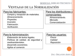 7
VENTAJAS DE LA NORMALIZACIÓN
Para la Administración:
Elaboración de textos legales.
Políticas de calidad, de seguridad y
medioambientales.
Desarrollo económico.
Agiliza el comercio
Para los fabricantes:
Compra y recepción de materiales.
Almacenamiento.
Proyectos.
Inversión.
Fabricación.
Verificación.
Para los distribuidores y
comerciantes:
Almacenamiento.
Mercado.
Comercialización
Para los usuarios:
Precio
Calidad
Reposición
MODULO: DIBUJO TECNICO I
ING. ORLANDO ARRUA
 