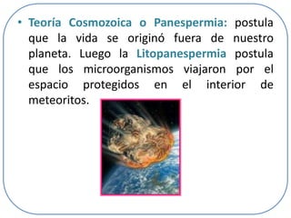 • Teoría Cosmozoica o Panespermia: postula
que la vida se originó fuera de nuestro
planeta. Luego la Litopanespermia postula
que los microorganismos viajaron por el
espacio protegidos en el interior de
meteoritos.

 