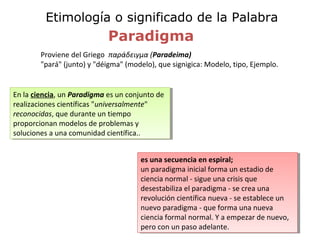 Etimología o significado de la Palabra
                            Paradigma
        Proviene del Griego παράδειγμα (Paradeima)
        "pará" (junto) y "déigma" (modelo), que signigica: Modelo, tipo, Ejemplo.


En la ciencia, un Paradigma es un conjunto de
 En la ciencia, un Paradigma es un conjunto de
realizaciones científicas "universalmente"
 realizaciones científicas "universalmente"
reconocidas, que durante un tiempo
 reconocidas, que durante un tiempo
proporcionan modelos de problemas yy
 proporcionan modelos de problemas
soluciones aauna comunidad científica..
 soluciones una comunidad científica..


                                      es una secuencia en espiral;
                                       es una secuencia en espiral;
                                      un paradigma inicial forma un estadio de
                                       un paradigma inicial forma un estadio de
                                      ciencia normal --sigue una crisis que
                                       ciencia normal sigue una crisis que
                                      desestabiliza el paradigma --se crea una
                                       desestabiliza el paradigma se crea una
                                      revolución científica nueva --se establece un
                                       revolución científica nueva se establece un
                                      nuevo paradigma --que forma una nueva
                                       nuevo paradigma que forma una nueva
                                      ciencia formal normal. YYaaempezar de nuevo,
                                       ciencia formal normal.     empezar de nuevo,
                                      pero con un paso adelante.
                                       pero con un paso adelante.
 