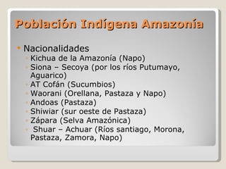 Población Indígena Amazonía  Nacionalidades  Kichua de la Amazonía (Napo) Siona – Secoya (por los ríos Putumayo, Aguarico) AT Cofán (Sucumbios) Waorani (Orellana, Pastaza y Napo) Andoas (Pastaza) Shiwiar (sur oeste de Pastaza) Zápara (Selva Amazónica) Shuar – Achuar (Ríos santiago, Morona, Pastaza, Zamora, Napo) 
