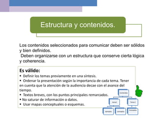 Los contenidos seleccionados para comunicar deben ser sólidos
y bien definidos.
Deben organizarse con un estructura que conserve cierta lógica
y coherencia.
Estructura y contenidos.
Es válido:
 Definir los temas previamente en una síntesis.
 Ordenar la presentación según la importancia de cada tema. Tener
en cuenta que la atención de la audiencia decae con el avance del
tiempo.
 Textos breves, con los puntos principales remarcados.
 No saturar de información o datos.
 Usar mapas conceptuales o esquemas.
Contenidos
tema1
ejemplos conceptos
Tema 2
Conceptos
 