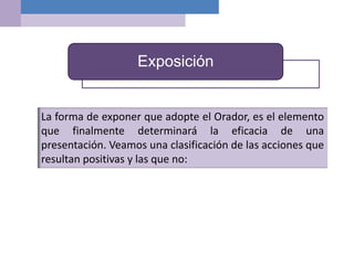 La forma de exponer que adopte el Orador, es el elemento
que finalmente determinará la eficacia de una
presentación. Veamos una clasificación de las acciones que
resultan positivas y las que no:
Exposición
 