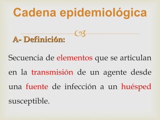 
Cadena epidemiológica
Secuencia de elementos que se articulan
en la transmisión de un agente desde
una fuente de infección a un huésped
susceptible.
A- Definición:
 