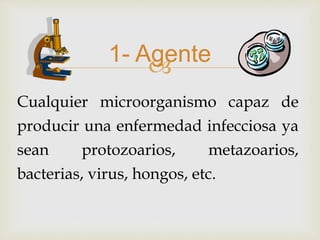 1- Agente
Cualquier microorganismo capaz de
producir una enfermedad infecciosa ya
sean protozoarios, metazoarios,
bacterias, virus, hongos, etc.
 