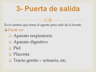 
3- Puerta de salida
Es el camino que toma el agente para salir de la fuente.
 Puede ser
 Aparato respiratorio
 Aparato digestivo
 Piel
 Placenta
 Tracto genito – urinario, etc.
 
