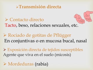  Exposición directa de tejidos susceptibles
Agente que viva en el suelo (micosis)
Transmisión directa
 Contacto directo
Tacto, beso, relaciones sexuales, etc.
 Rociado de gotitas de Pflügger
En conjuntivas o en mucosa bucal, nasal
 Mordeduras (rabia)
 