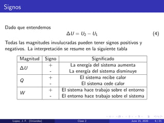 Signos
Dado que entendemos
∆U = U2 − U1 (4)
Todas las magnitudes invulucradas pueden tener signos positivos y
negativos. La interpretaci´on se resume en la siguiente tabla
Magnitud Signo Signiﬁcado
∆U
+ La energ´ıa del sistema aumenta
- La energ´ıa del sistema disminuye
Q
+ El sistema recibe calor
- El sistema cede calor
W
+ El sistema hace trabajo sobre el entorno
- El entorno hace trabajo sobre el sistema
Lopez, J. F. (Uniandes) Clase 2 June 15, 2020 6 / 21
 
