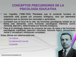 CONCEPTOS PRECURSORES DE LA
PSICOLOGÍA EDUCATIVA
• Lev Vygotsky (1896-1934) Planteaba que la conducta humana no
solamente está guiada por procesos biológicos, sino por elementos
subjetivos que no siempre son racionales o aprendidos.
• Consideró que al inicio de la vida las funciones psicológicas existen en su
forma más elemental, como funciones psicológicas inferiores (como
memoria, atención), determinadas por factores biológicos.
• Para él la psicología debería de ocuparse del paso de éstas a las funciones
psicológicas superiores (atención voluntaria, memoria lógica, pensamiento
verbal y conceptual y emociones complejas).
Estas últimas son determinadas por:
1. La cultura
2. La interacción social
3. Lenguaje
 