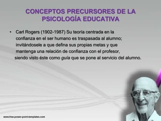 CONCEPTOS PRECURSORES DE LA
PSICOLOGÍA EDUCATIVA
• Carl Rogers (1902-1987) Su teoría centrada en la
confianza en el ser humano es traspasada al alumno;
invitándosele a que defina sus propias metas y que
mantenga una relación de confianza con el profesor,
siendo visto éste como guía que se pone al servicio del alumno.
 
