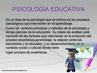 PSICOLOGÍA EDUCATIVA
Es un área de la psicología que se enfoca en los procesos
psicológicos que intervienen en el aprendizaje.
Como tal, combina principios y métodos de la psicología y
de las ciencias de la educación. Su objeto de análisis está
centrado en los factores que intervienen en la evolución del
proceso enseñanza-aprendizaje: la relación entre los
educandos y el educador, y su desenvolvimiento en el
contexto social y cultural donde tiene
lugar proceso de enseñanza.
 