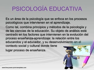 PSICOLOGÍA EDUCATIVA
Es un área de la psicología que se enfoca en los procesos
psicológicos que intervienen en el aprendiz...