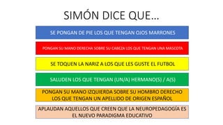 SIMÓN DICE QUE…
SE PONGAN DE PIE LOS QUE TENGAN OJOS MARRONES
SE TOQUEN LA NARIZ A LOS QUE LES GUSTE EL FUTBOL
SALUDEN LOS QUE TENGAN (UN/A) HERMANO(S) / A(S)
PONGAN SU MANO IZQUIERDA SOBRE SU HOMBRO DERECHO
LOS QUE TENGAN UN APELLIDO DE ORIGEN ESPAÑOL
APLAUDAN AQUELLOS QUE CREEN QUE LA NEUROPEDAGOGÍA ES
EL NUEVO PARADIGMA EDUCATIVO
PONGAN SU MANO DERECHA SOBRE SU CABEZA LOS QUE TENGAN UNA MASCOTA
 