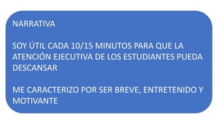 NARRATIVA
SOY ÚTIL CADA 10/15 MINUTOS PARA QUE LA
ATENCIÓN EJECUTIVA DE LOS ESTUDIANTES PUEDA
DESCANSAR
ME CARACTERIZO POR SER BREVE, ENTRETENIDO Y
MOTIVANTE
 