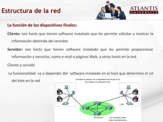 La función de los dispositivos finales: Cliente:  son hosts que tienen software instalado que les permite solicitar y mostrar la información obtenida del servidor.  Servidor:  son hosts que tienen software instalado que les permite proporcionar información y servicios, como e-mail o páginas Web, a otros hosts en la red. Cliente y servido La funcionalidad  va a depender del  software instalado en el host que determina el rol del éste en la red Estructura de la red 