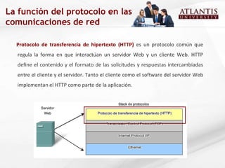La función del protocolo en las comunicaciones de red Protocolo de transferencia de hipertexto (HTTP)  es un protocolo común que regula la forma en que interactúan un servidor Web y un cliente Web. HTTP define el contenido y el formato de las solicitudes y respuestas intercambiadas entre el cliente y el servidor. Tanto el cliente como el software del servidor Web implementan el HTTP como parte de la aplicación.  