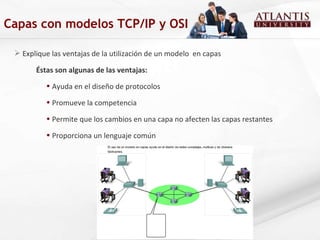 Explique las ventajas de la utilización de un modelo  en capas Éstas son algunas de las ventajas: Ayuda en el diseño de protocolos Promueve la competencia Permite que los cambios en una capa no afecten las capas restantes Proporciona un lenguaje común Capas con modelos TCP/IP y OSI 