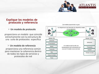 Explique los modelos de protocolo y referencia Un modelo de protocolo  proporciona un modelo  que coincide estrechamente con la estructura de una  suite de protocolos  específica Un modelo de referencia  proporciona una referencia común para mantener la coherencia dentro de todos los tipos de servicios y protocolos de red 