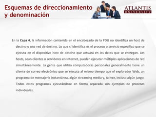 En la  Capa 4 , la información contenida en el encabezado de la PDU no identifica un host de destino o una red de destino. Lo que sí identifica es el proceso o servicio específico que se ejecuta en el dispositivo host de destino que actuará en los datos que se entregan. Los hosts, sean clientes o servidores en Internet, pueden ejecutar múltiples aplicaciones de red simultáneamente. La gente que utiliza computadoras personales generalmente tiene un cliente de correo electrónico que se ejecuta al mismo tiempo que el explorador Web, un programa de mensajería instantánea, algún streaming media y, tal vez, incluso algún juego. Todos estos programas ejecutándose en forma separada son ejemplos de procesos individuales.  Esquemas de direccionamiento y denominación 