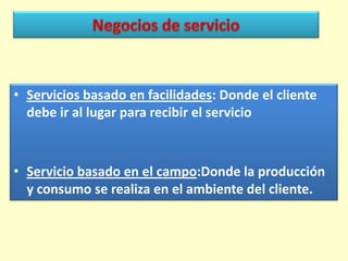 • Servicios basado en facilidades: Donde el cliente
debe ir al lugar para recibir el servicio

• Servicio basado en el campo:Donde la producción
y consumo se realiza en el ambiente del cliente.

 