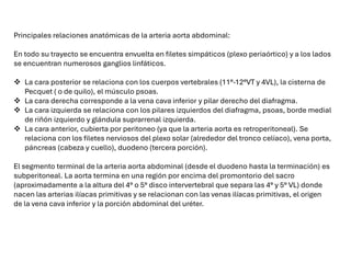Principales relaciones anatómicas de la arteria aorta abdominal:
En todo su trayecto se encuentra envuelta en filetes simpáticos (plexo periaórtico) y a los lados
se encuentran numerosos ganglios linfáticos.
❖ La cara posterior se relaciona con los cuerpos vertebrales (11°-12°VT y 4VL), la cisterna de
Pecquet ( o de quilo), el músculo psoas.
❖ La cara derecha corresponde a la vena cava inferior y pilar derecho del diafragma.
❖ La cara izquierda se relaciona con los pilares izquierdos del diafragma, psoas, borde medial
de riñón izquierdo y glándula suprarrenal izquierda.
❖ La cara anterior, cubierta por peritoneo (ya que la arteria aorta es retroperitoneal). Se
relaciona con los filetes nerviosos del plexo solar (alrededor del tronco celíaco), vena porta,
páncreas (cabeza y cuello), duodeno (tercera porción).
El segmento terminal de la arteria aorta abdominal (desde el duodeno hasta la terminación) es
subperitoneal. La aorta termina en una región por encima del promontorio del sacro
(aproximadamente a la altura del 4° o 5° disco intervertebral que separa las 4° y 5° VL) donde
nacen las arterias ilíacas primitivas y se relacionan con las venas ilíacas primitivas, el origen
de la vena cava inferior y la porción abdominal del uréter.
 