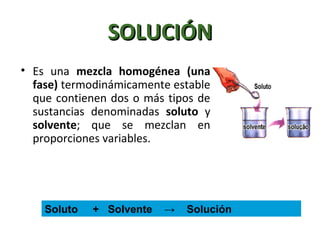 SOLUCIÓN
• Es una mezcla homogénea (una
  fase) termodinámicamente estable
  que contienen dos o más tipos de
  sustancias denominadas soluto y
  solvente; que se mezclan en
  proporciones variables.




    Soluto   + Solvente   →   Solución
 