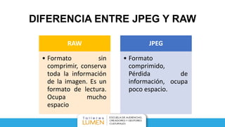 DIFERENCIA ENTRE JPEG Y RAW
RAW
• Formato sin
comprimir, conserva
toda la información
de la imagen. Es un
formato de lectura.
Ocupa mucho
espacio
JPEG
• Formato
comprimido,
Pérdida de
información, ocupa
poco espacio.
 