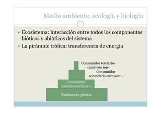 Medio ambiente, ecología y biología

Ecosistema: interacción entre todos los componentes
bióticos y abióticos del sistema
La pirámide trófica: transferencia de energía


                            Consumidor terciario-
                               carnívoro top-
                                     Consumidor
                                secundario-carnívoro-
                    Consumidor
                primario-herbívoro-

                Productores-plantas-
 