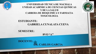 UNIVERSIDAD TÉCNICA DE MACHALA
UNIDAD ACADÉMICA DE CIENCIAS QUÍMICAS
Y DE LA SALUD
CARRERA DE BIOQUIMÍCA Y FARMACIA
TOXICOLOGIA
ESTUDIANTE:
GABRIELA CUNALATA CUEVA
SEMESTRE:
8VO “A”
DOCENTE:
DR. CARLOS GARCIA
 