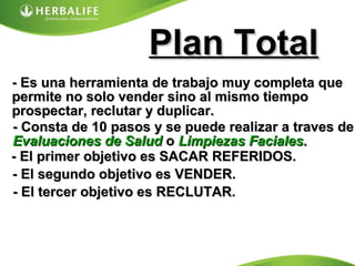 Plan TotalPlan Total
- Es una herramienta de trabajo muy completa que- Es una herramienta de trabajo muy completa que
permite no solo vender sino al mismo tiempopermite no solo vender sino al mismo tiempo
prospectar, reclutar y duplicar.prospectar, reclutar y duplicar.
- Consta de 10 pasos y se puede realizar a traves de- Consta de 10 pasos y se puede realizar a traves de
Evaluaciones de SaludEvaluaciones de Salud oo Limpiezas Faciales.Limpiezas Faciales.
- El primer objetivo es SACAR REFERIDOS.- El primer objetivo es SACAR REFERIDOS.
- El segundo objetivo es VENDER.- El segundo objetivo es VENDER.
- El tercer objetivo es RECLUTAR.- El tercer objetivo es RECLUTAR.
 
