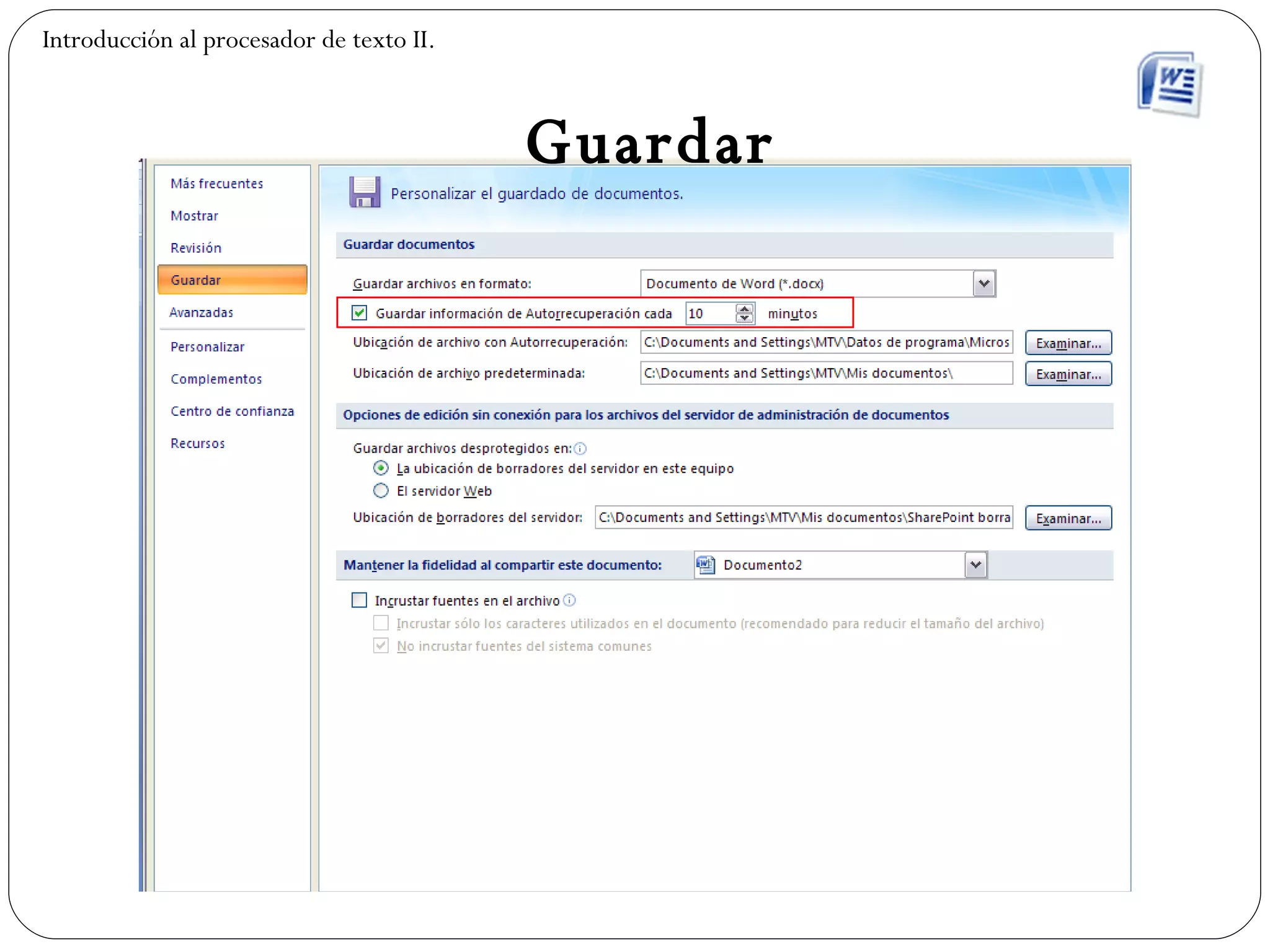 Guardar Introducción al procesador de texto II. 
