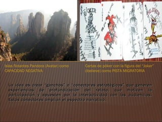 Islas flotantes Pandora (Avatar) como   Cartas de póker con la figura del “Joker”
CAPACIDAD NEGATIVA                      (ibelieve) como PISTA MIGRATORIA


  La idea es crear “ganchos” o “conectores estratégicos” que generen
  experiencias de profundización del relato, que motiven la
  participación y apuesten por la interactividad con las audiencias.
  Estos conectores amplían el espectro narrativo.
 