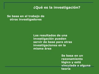 ¿Qué es la investigación? Se basa en el trabajo de otros investigadores Los resultados de una investigación pueden servir de base para otras investigaciones en la misma área Se basa en un razonamiento lógico y está vinculada a alguna teoría 