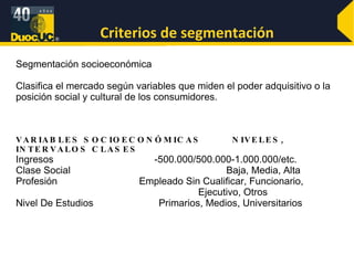 Criterios de segmentación Segmentación socioeconómica Clasifica el mercado según variables que miden el poder adquisitivo o la posición social y cultural de los consumidores. VARIABLES SOCIOECONÓMICAS  NIVELES, INTERVALOS CLASES Ingresos  -500.000/500.000-1.000.000/etc. Clase Social    Baja, Media, Alta Profesión  Empleado Sin Cualificar, Funcionario,    Ejecutivo, Otros Nivel De Estudios  Primarios, Medios, Universitarios 