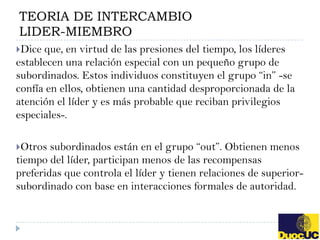 TEORIA DE INTERCAMBIO
LIDER-MIEMBRO
Dice que, en virtud de las presiones del tiempo, los líderes
establecen una relación especial con un pequeño grupo de
subordinados. Estos individuos constituyen el grupo “in” -se
confía en ellos, obtienen una cantidad desproporcionada de la
atención el líder y es más probable que reciban privilegios
especiales-.

Otros  subordinados están en el grupo “out”. Obtienen menos
tiempo del líder, participan menos de las recompensas
preferidas que controla el líder y tienen relaciones de superior-
subordinado con base en interacciones formales de autoridad.
 