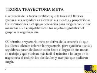 TEORIA TRAYECTORIA META
La  esencia de la teoría establece que la tarea del líder es
ayudar a sus seguidores a alcanzar sus mentas y proporcionar
las instrucciones o el apoyo necesarios para asegurarse de que
sus metas sean compatibles con los objetivos globales del
grupo o la organización.

El  término trayectoria-meta se deriva de la creencia de que
los líderes eficaces aclaran la trayectoria, para ayudar a que sus
seguidores pasen de donde están hasta el logro de sus metas
de trabajo y que vuelvan más fácil el tránsito a lo largo de la
trayectoria al reducir los obstáculos y trampas que pudieran
surgir.
 